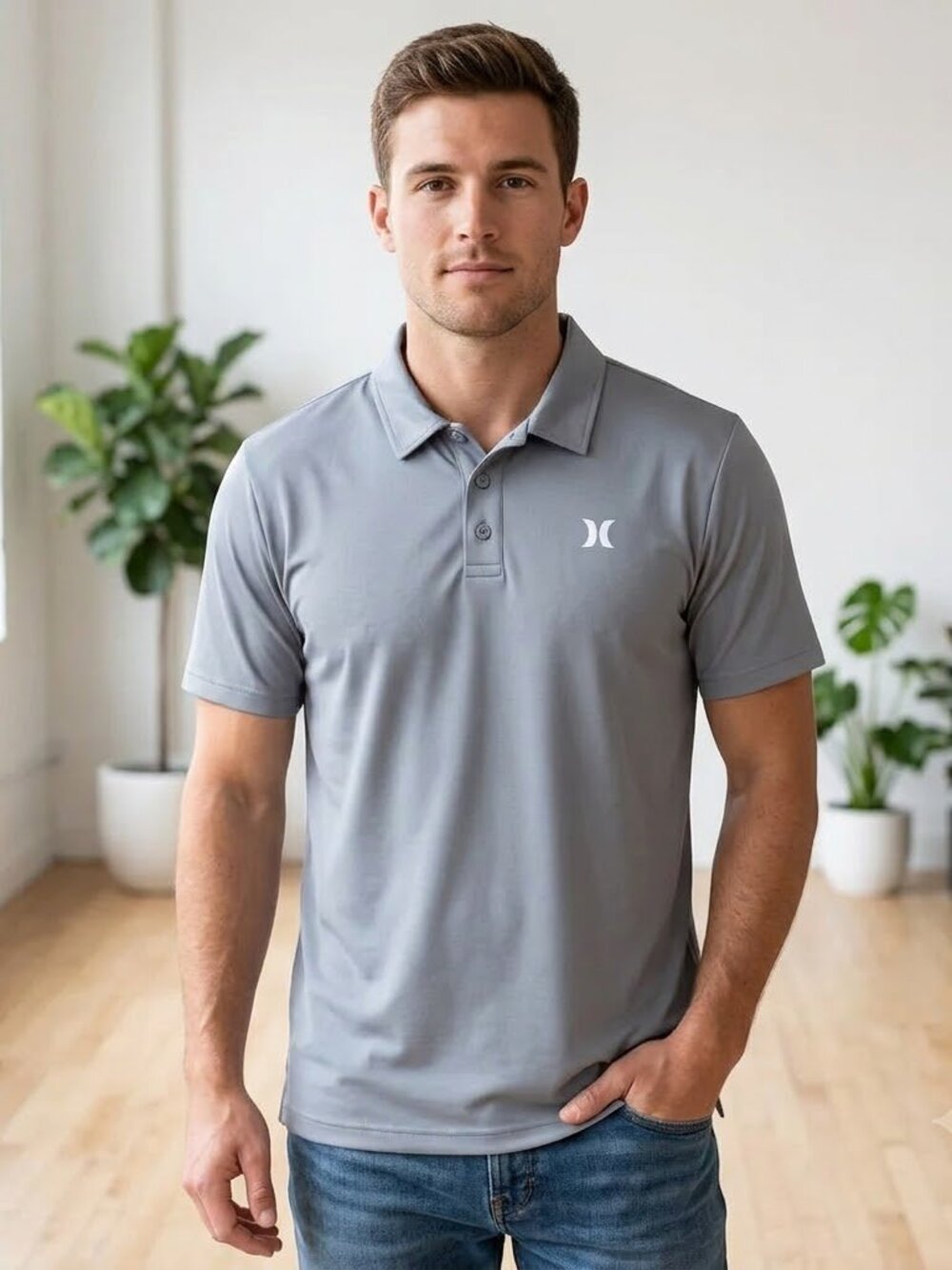 Hurley Men's Dri-Fit Performance Polo Shirt - Slate Grey Short Sleeve Tech Top,
